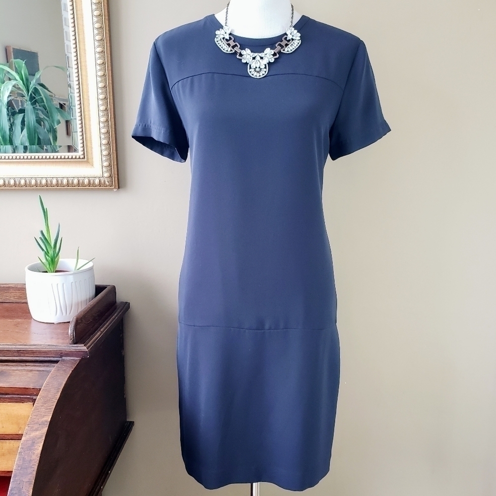 Theory Eliora Shift Dress in Maritime Navy Blue Madera Crepe Short Sleeve 12